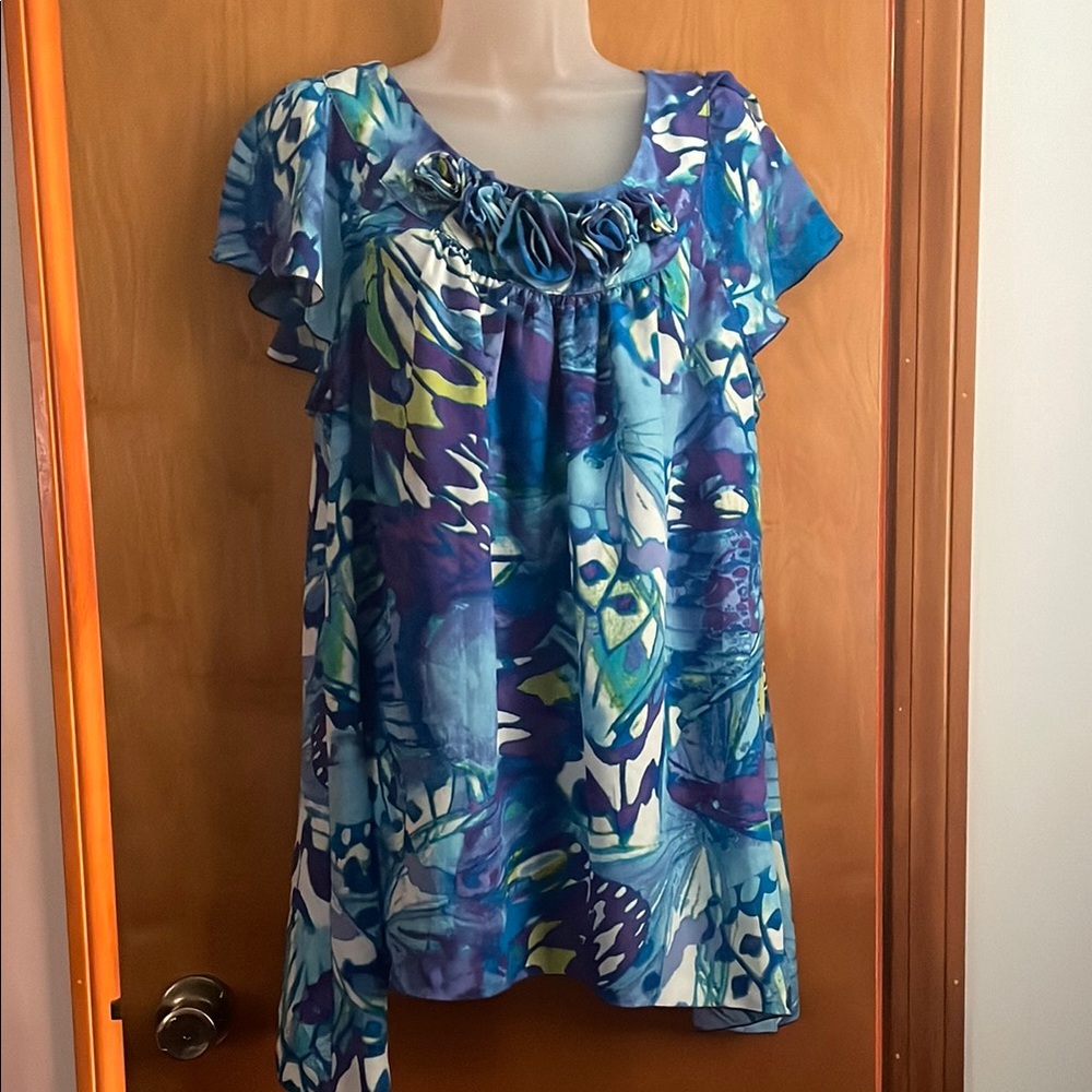 T.J.Maxx Blue and White Relaxed Blouse with Rosettes Neckline
